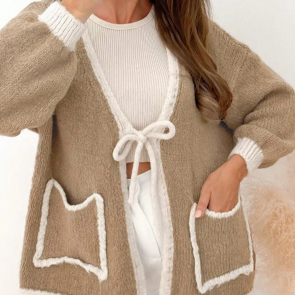 Khaki Casual Women's Loose Fit V-Neck Long Sleeve Cardigan - Picture 4 of 7